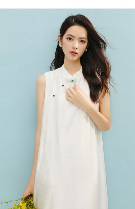 A-Line Buttoned Sleeveless Stand Collar Dress-2