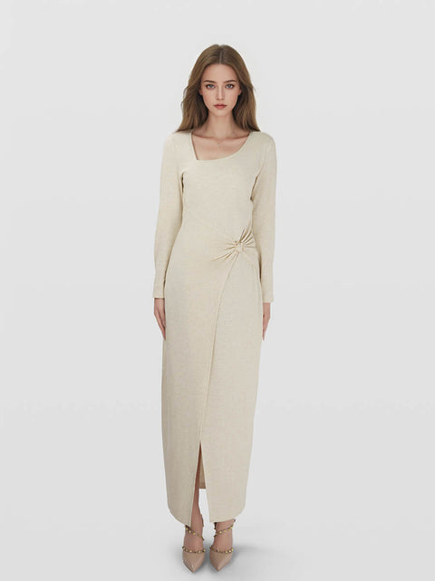 Asymmetrical Neck Metal Buckle Twist Bodycon Maxi Dress