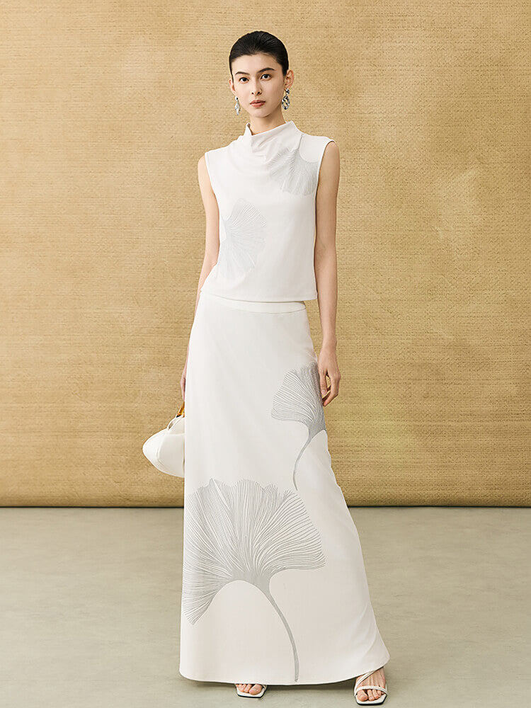 Ginkgo Printed Cowl Neck Sleeveless Top and Fishtail Skirt Set