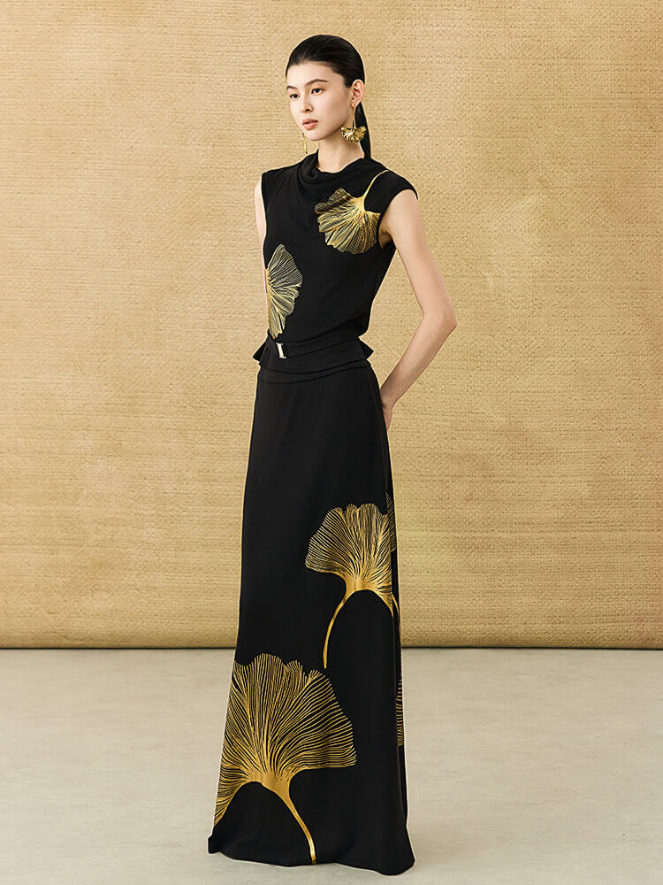 Ginkgo Printed Cowl Neck Sleeveless Top and Fishtail Skirt Set