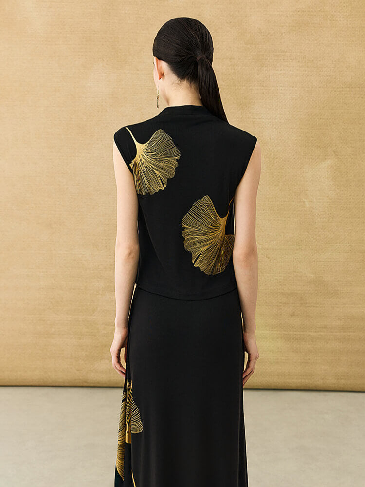 Ginkgo Printed Cowl Neck Sleeveless Top and Fishtail Skirt Set