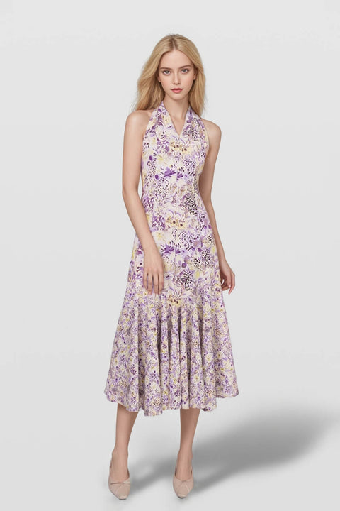 Halter Neck Backless Plated Floral Printed Midi Dress
