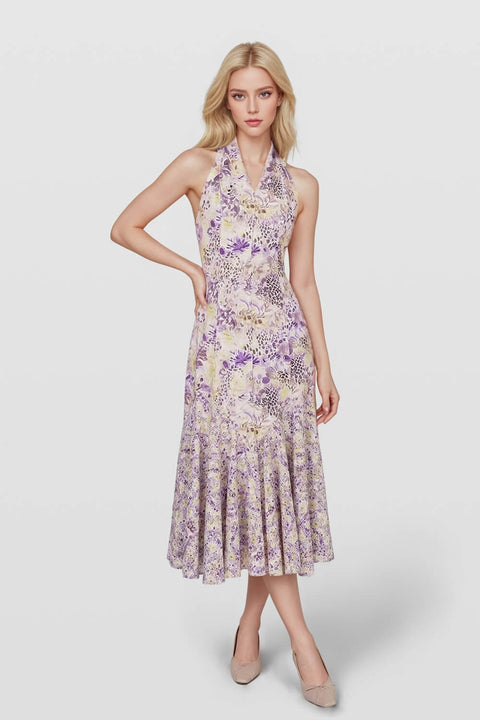 Halter Neck Backless Plated Floral Printed Midi Dress