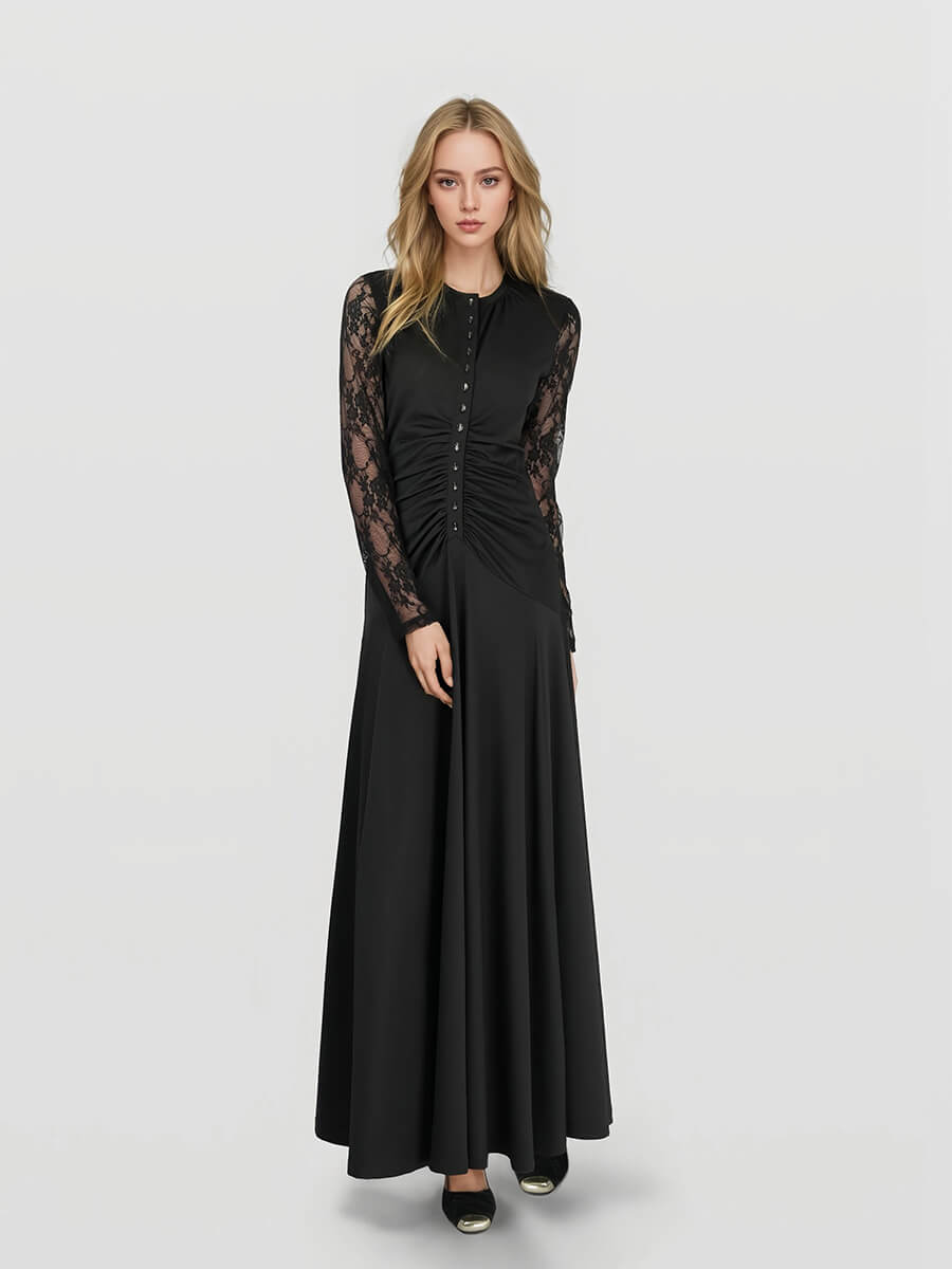 Long Sleeves Button Front Ruched Lace Maxi Dress