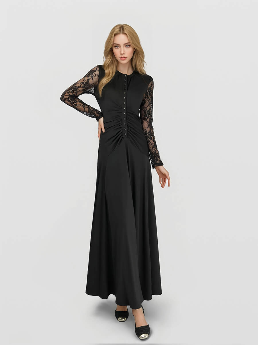 Long Sleeves Button Front Ruched Lace Maxi Dress