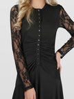 Long Sleeves Button Front Ruched Lace Maxi Dress
