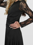 Long Sleeves Button Front Ruched Lace Maxi Dress