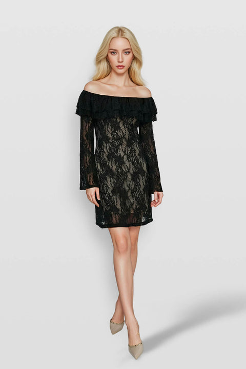 Off Shoulder Flare Long Sleeve Ruffled Lace Mini Dress