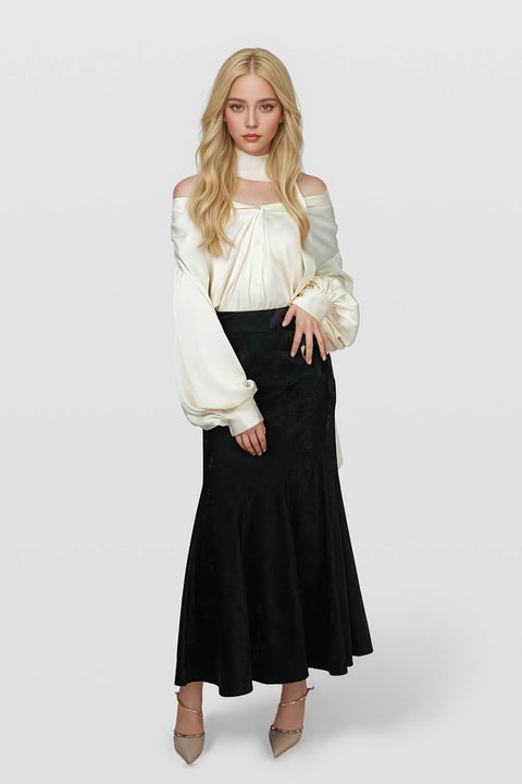 Pleated Lantern Long Sleeve Button Down Satin Blouse