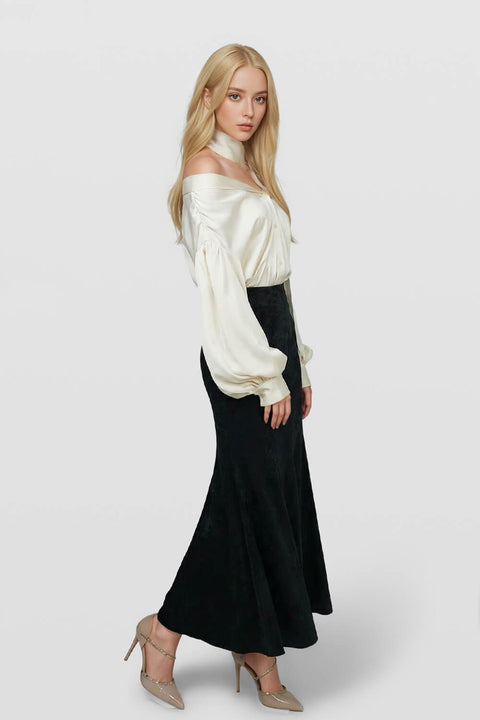 Pleated Lantern Long Sleeve Button Down Satin Blouse