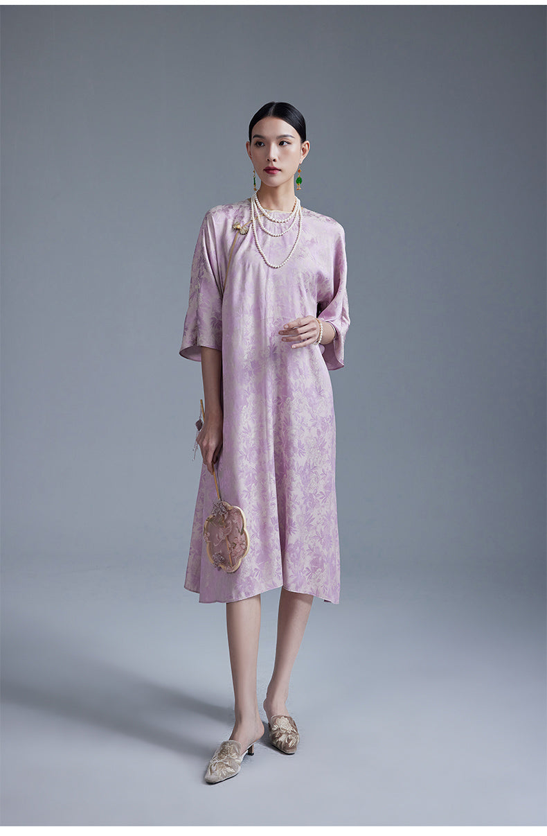 Round_Neck_3_4_Sleeve_Jacquard_Cheongsam_Dress_5