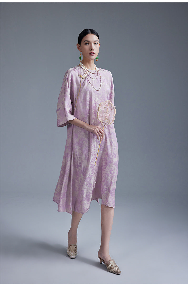 Round_Neck_3_4_Sleeve_Jacquard_Cheongsam_Dress_6