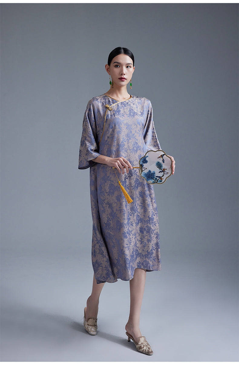 Round_Neck_3_4_Sleeve_Jacquard_Cheongsam_Dress_7