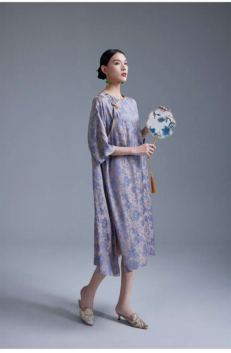 Round_Neck_3_4_Sleeve_Jacquard_Cheongsam_Dress_8