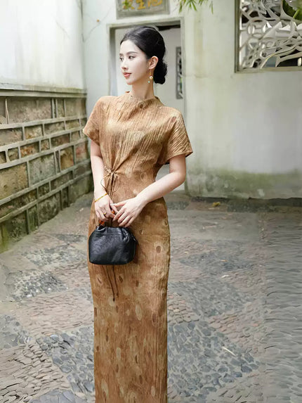 Round Neck Micro-pleated Print Drawstring Waist Dress 1