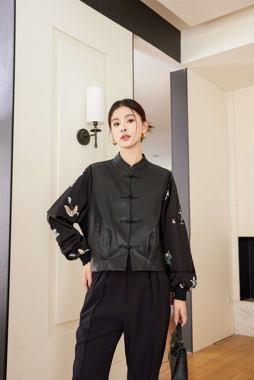 Short Vintage Stand Collar Jacquard Button Stitching Leather Jacket 10