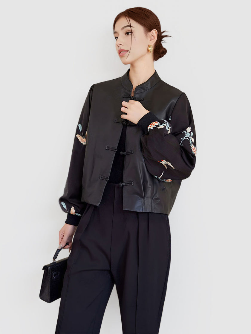 Short_Vintage_Stand_Collar_Jacquard_Button_Stitching_Leather_Jacket_30