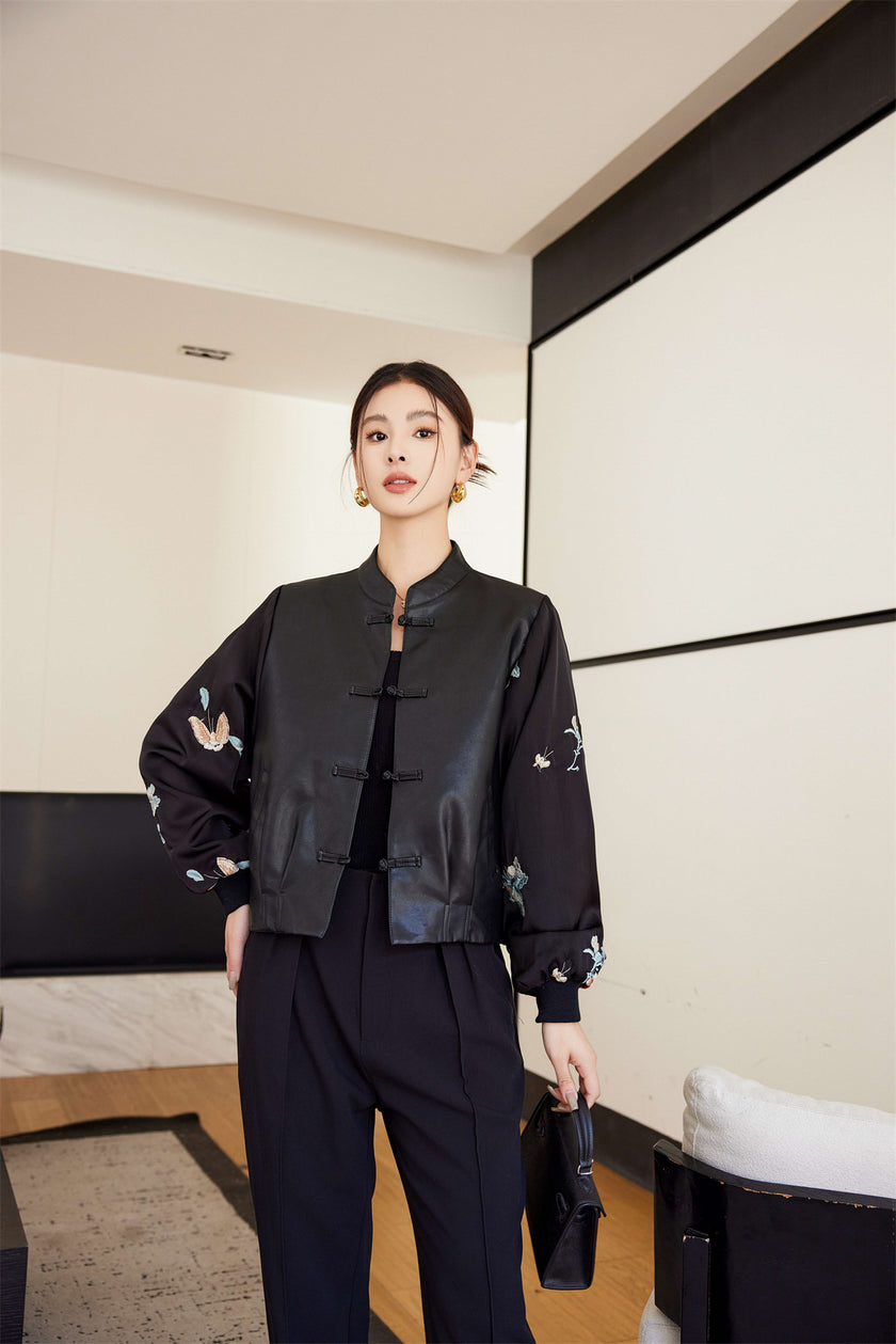 Short Vintage Stand Collar Jacquard Button Stitching Leather Jacket 6