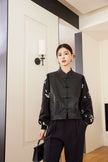 Short Vintage Stand Collar Jacquard Button Stitching Leather Jacket 8
