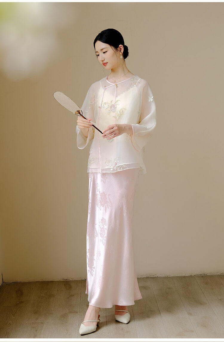 Slanted_Collar_Embroidered_Tulle_Top_and_Satin_Floral_Skirt_Set_1