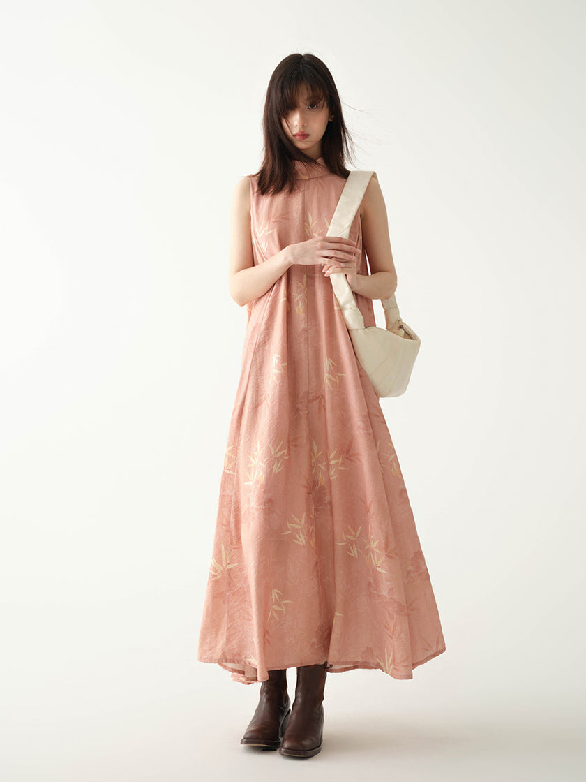 Stand_Collar_Sleeveless_Bamboo_Printed_Loose_Maxi_Dress_12
