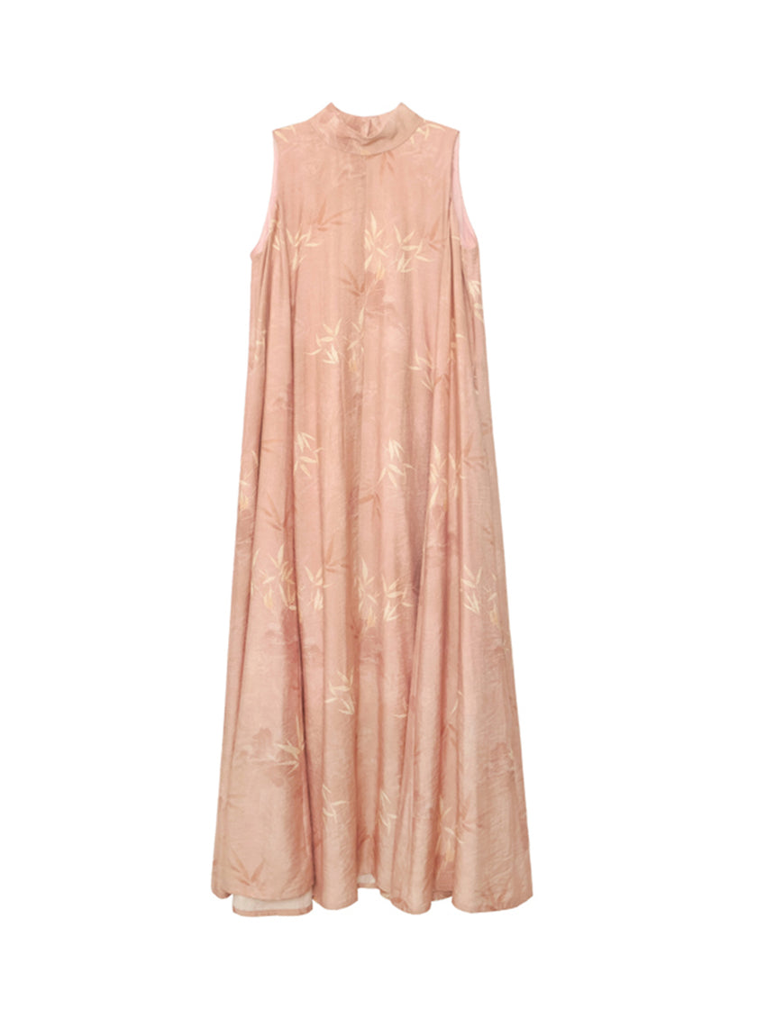 Stand_Collar_Sleeveless_Bamboo_Printed_Loose_Maxi_Dress_14