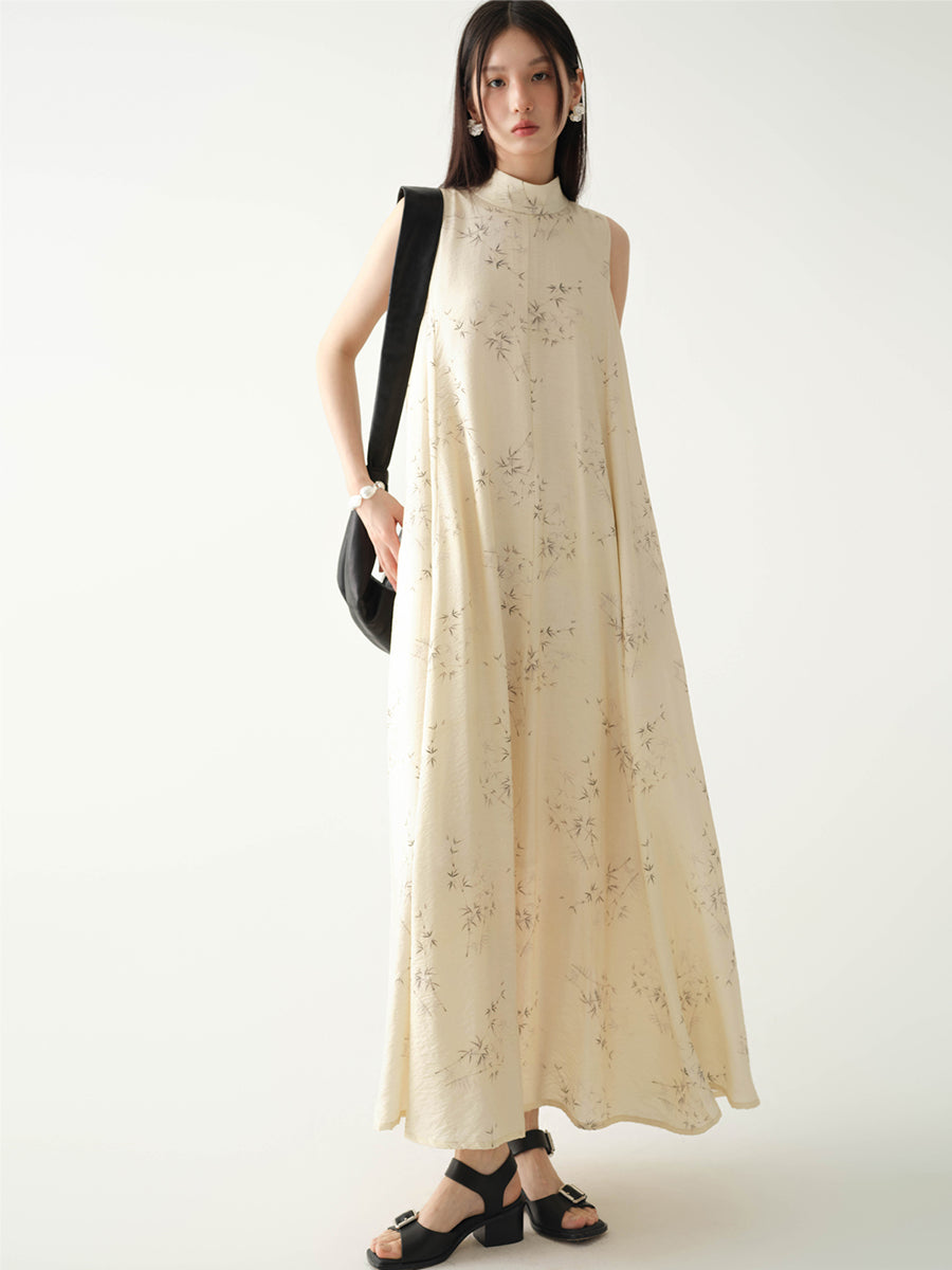 Stand_Collar_Sleeveless_Bamboo_Printed_Loose_Maxi_Dress_2