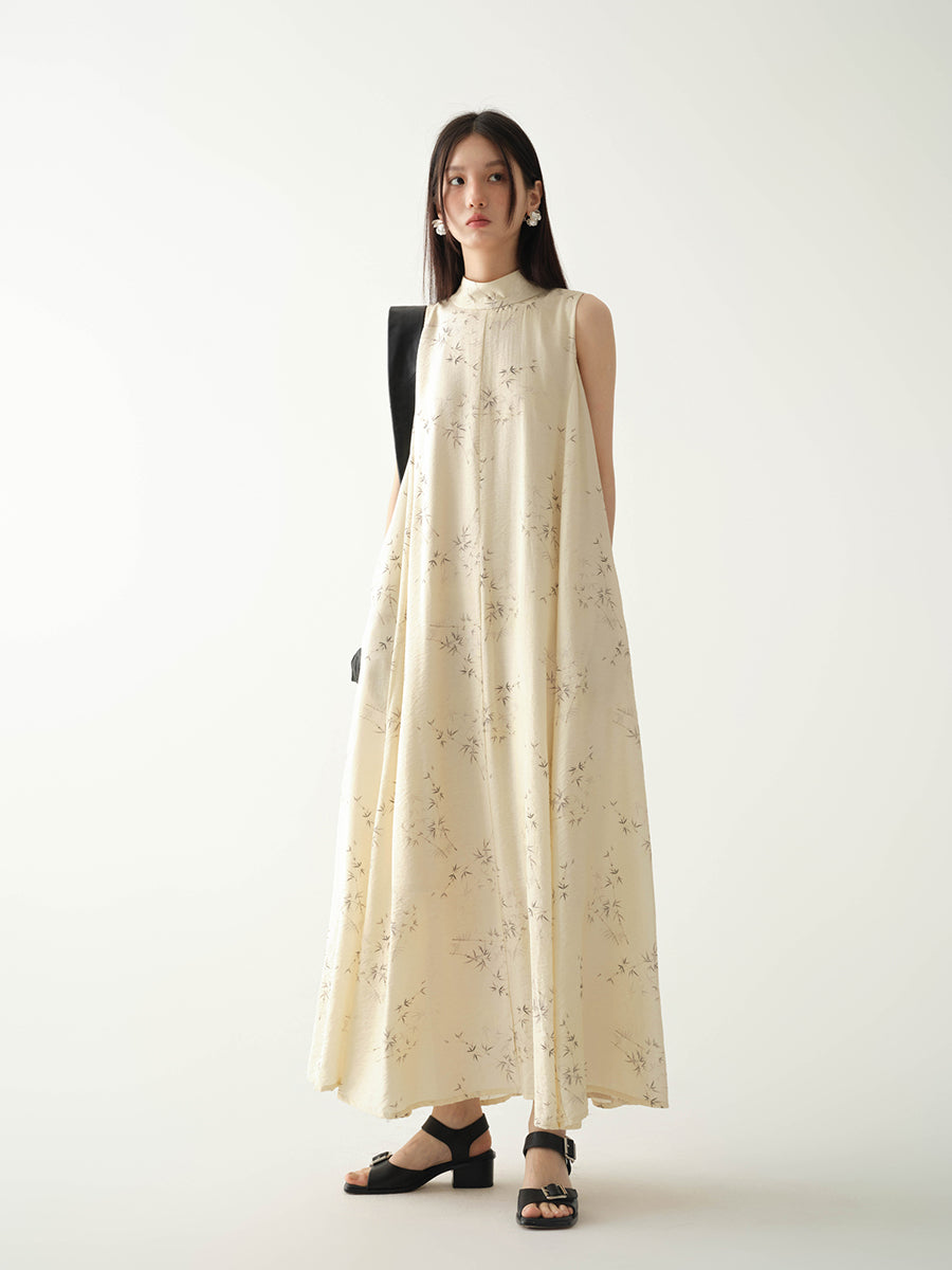 Stand_Collar_Sleeveless_Bamboo_Printed_Loose_Maxi_Dress_3