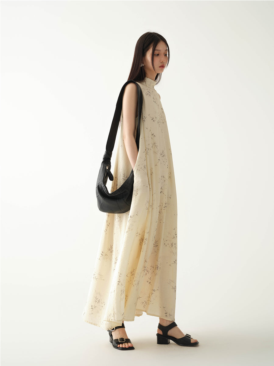 Stand_Collar_Sleeveless_Bamboo_Printed_Loose_Maxi_Dress_5