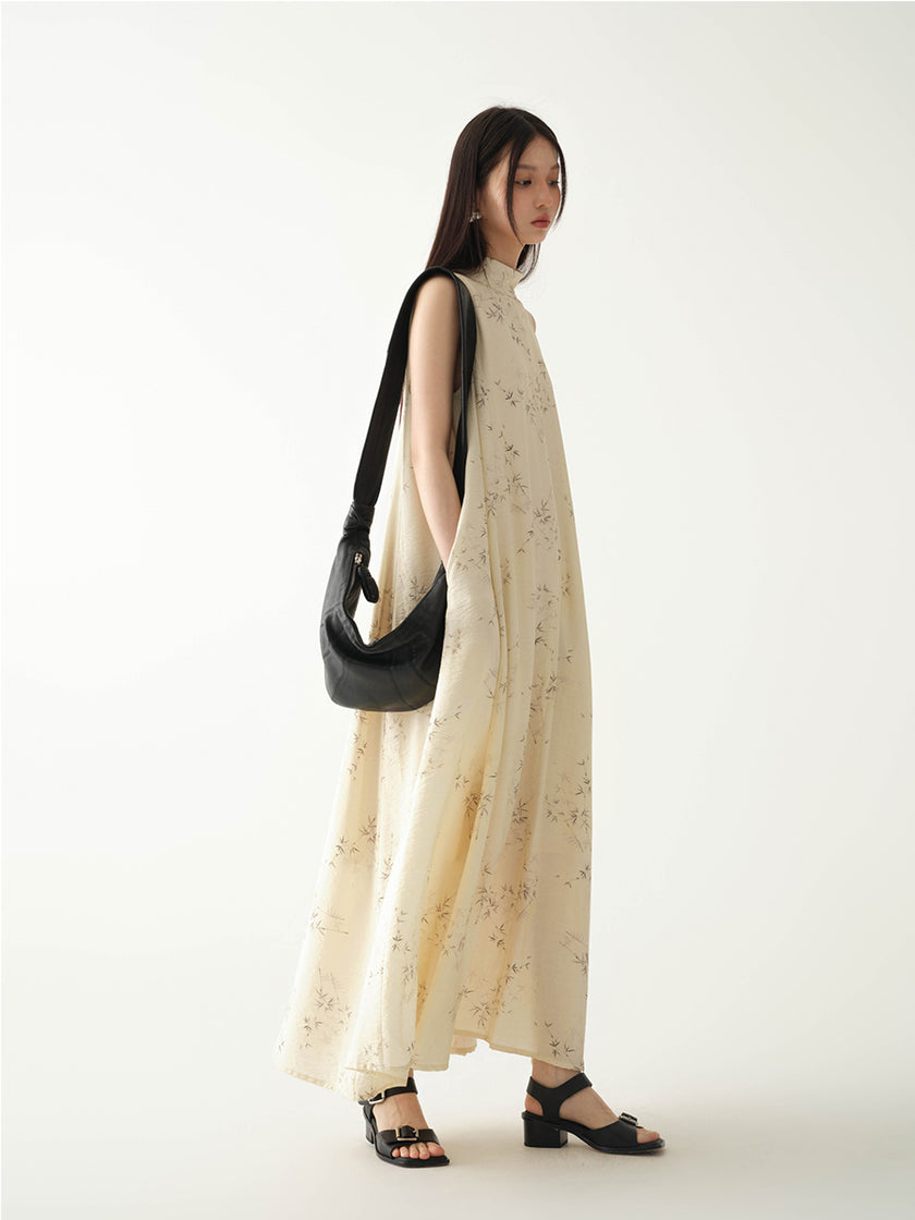 Stand_Collar_Sleeveless_Bamboo_Printed_Loose_Maxi_Dress_5