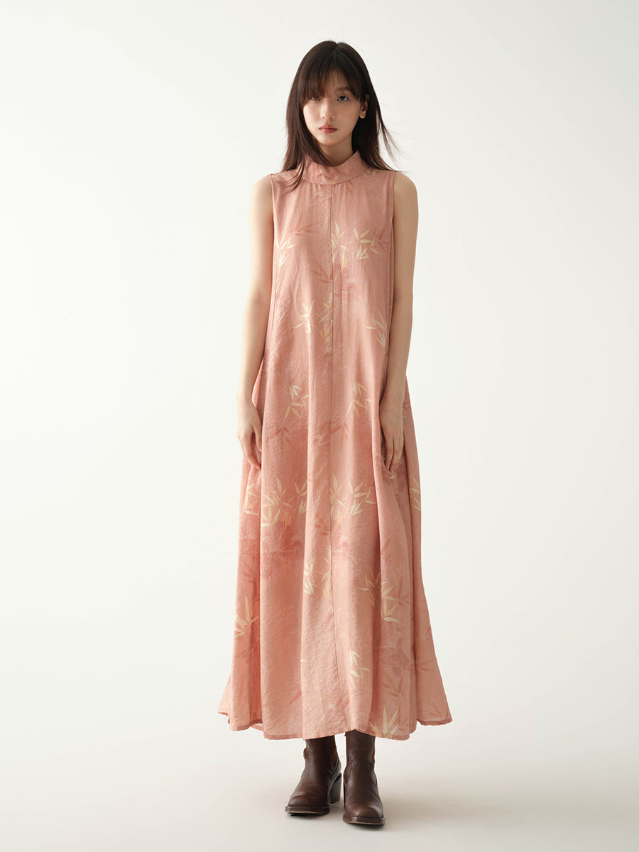 Stand_Collar_Sleeveless_Bamboo_Printed_Loose_Maxi_Dress_6