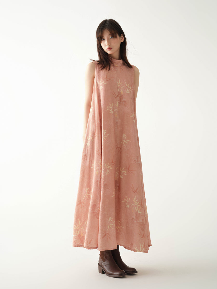 Stand_Collar_Sleeveless_Bamboo_Printed_Loose_Maxi_Dress_7