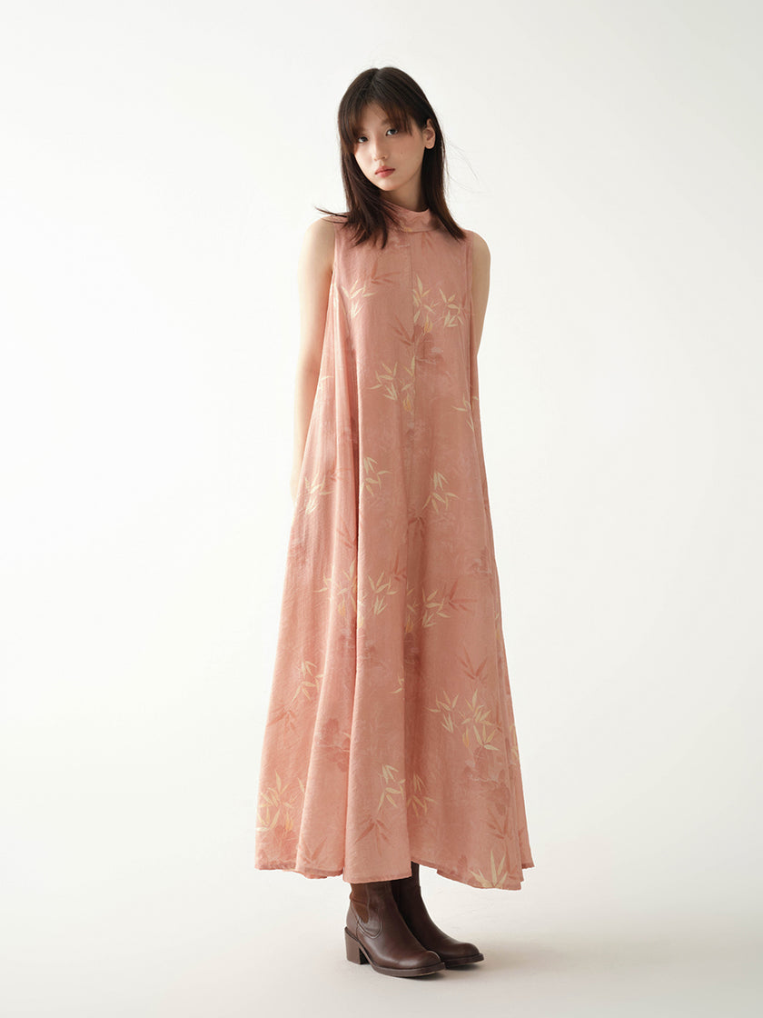 Stand_Collar_Sleeveless_Bamboo_Printed_Loose_Maxi_Dress_7