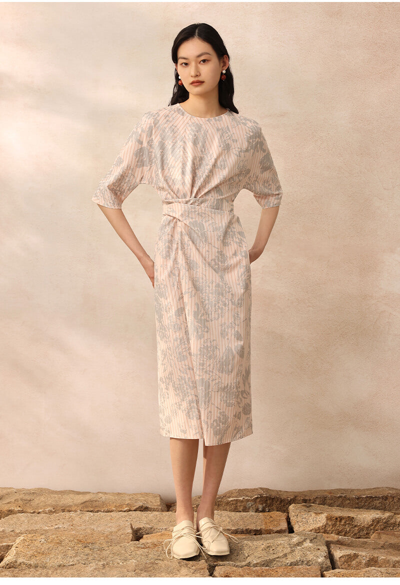 Twist Tie Floral Printed Midi Dress with Pockets_1