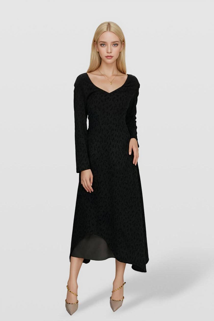 V-neck Brushed Irregular Hem Midi Dress