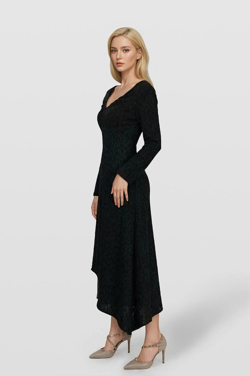 V-neck Brushed Irregular Hem Midi Dress