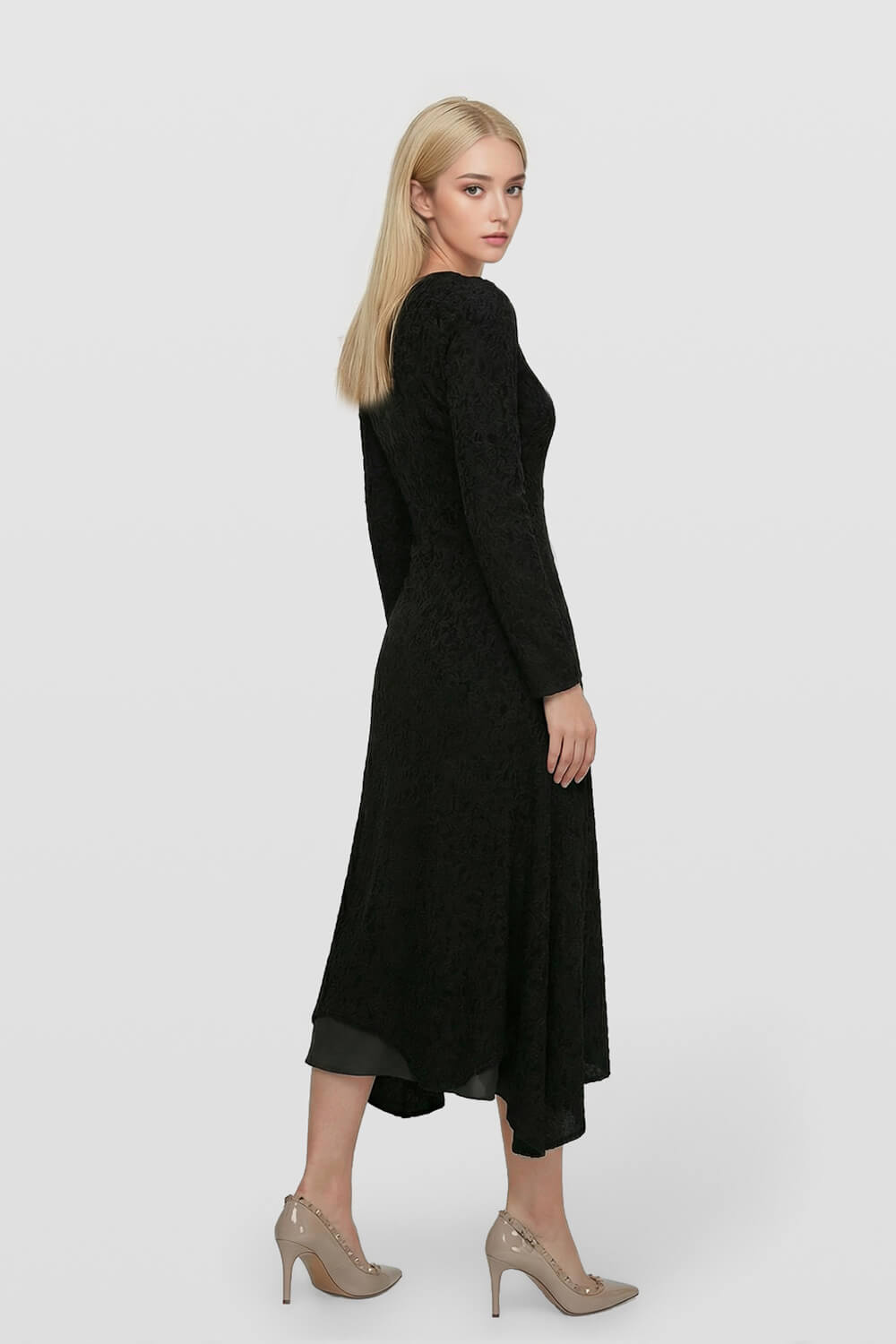 V-neck Brushed Irregular Hem Midi Dress