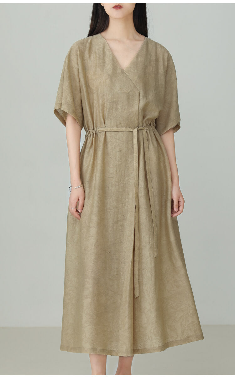 V-neck_Tencel_Linen_Jacquard_Lace-up_Dress_1