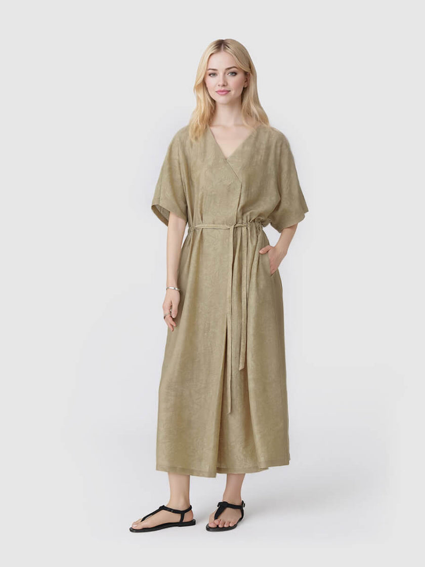 V-neck_Tencel_Linen_Jacquard_Lace-up_Dress_21