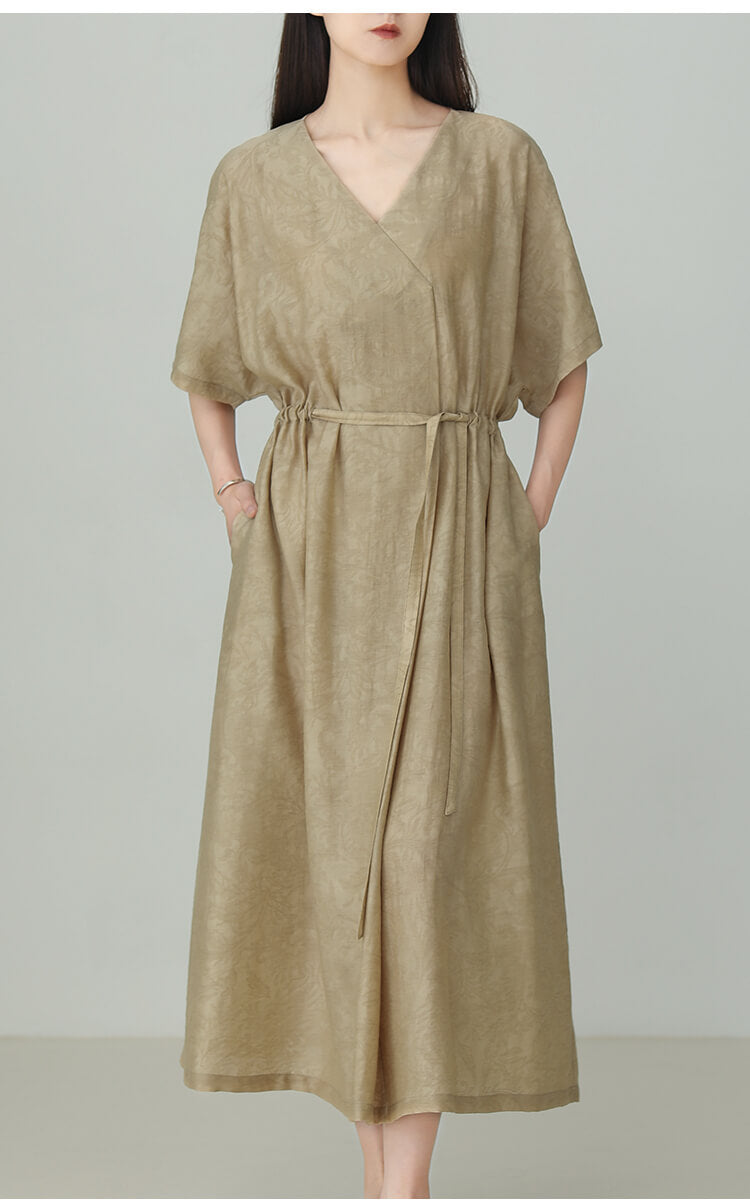 V-neck_Tencel_Linen_Jacquard_Lace-up_Dress_2