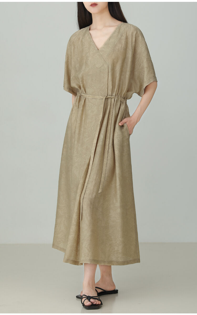 V-neck_Tencel_Linen_Jacquard_Lace-up_Dress_3