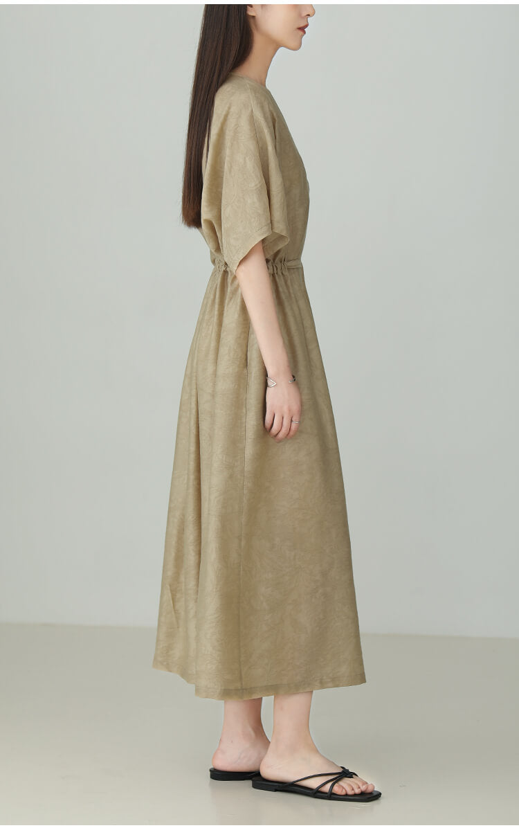 V-neck_Tencel_Linen_Jacquard_Lace-up_Dress_4