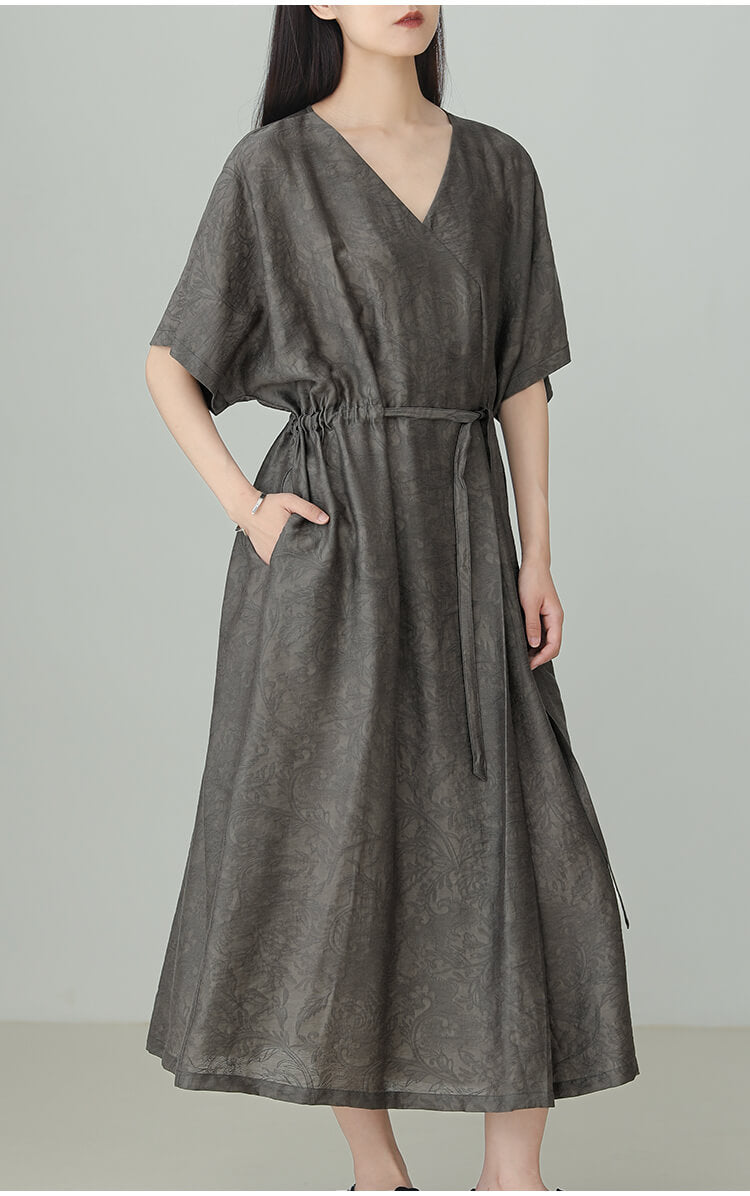 V-neck_Tencel_Linen_Jacquard_Lace-up_Dress_7