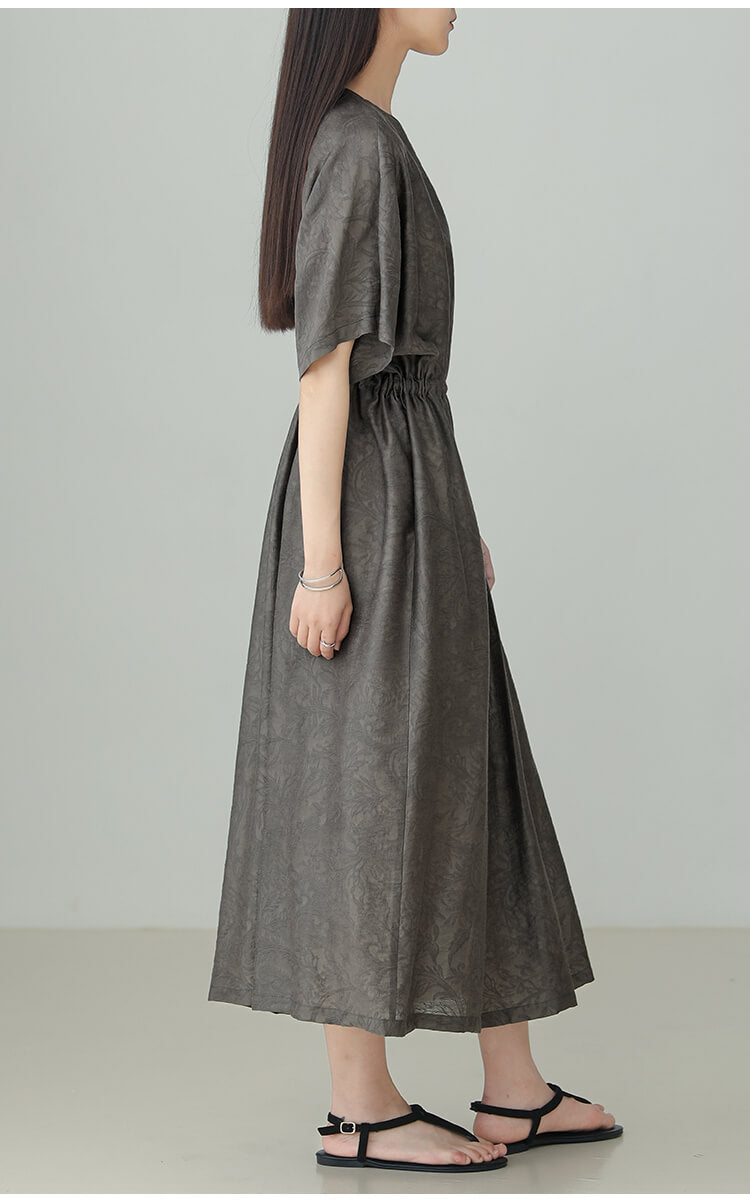 V-neck_Tencel_Linen_Jacquard_Lace-up_Dress_8