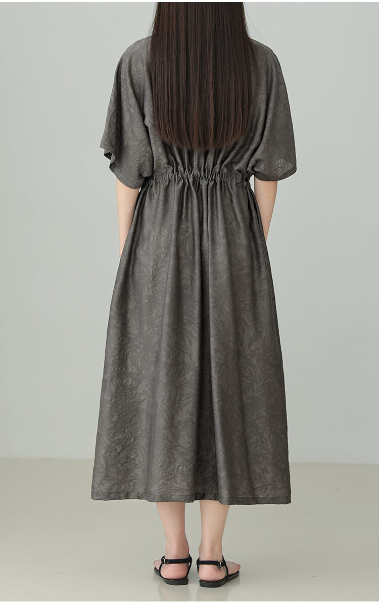 V-neck_Tencel_Linen_Jacquard_Lace-up_Dress_9