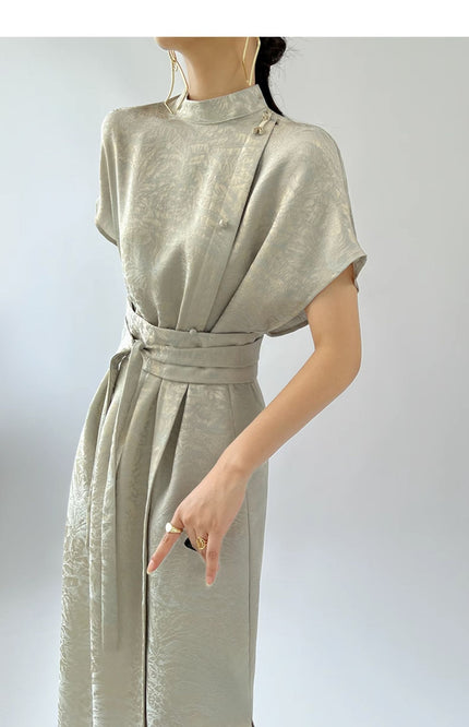 Waist-cinching Belt Textured Dark Pattern A-line Dress 10